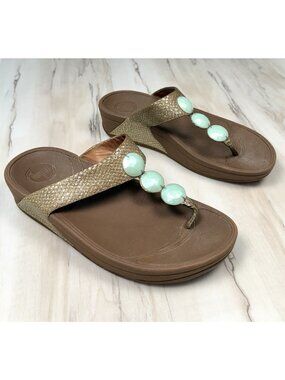 FITFLOPS Womens US 7 Petra Textured Gold Jeweled Slip-On SANDALS Shoes 476-217